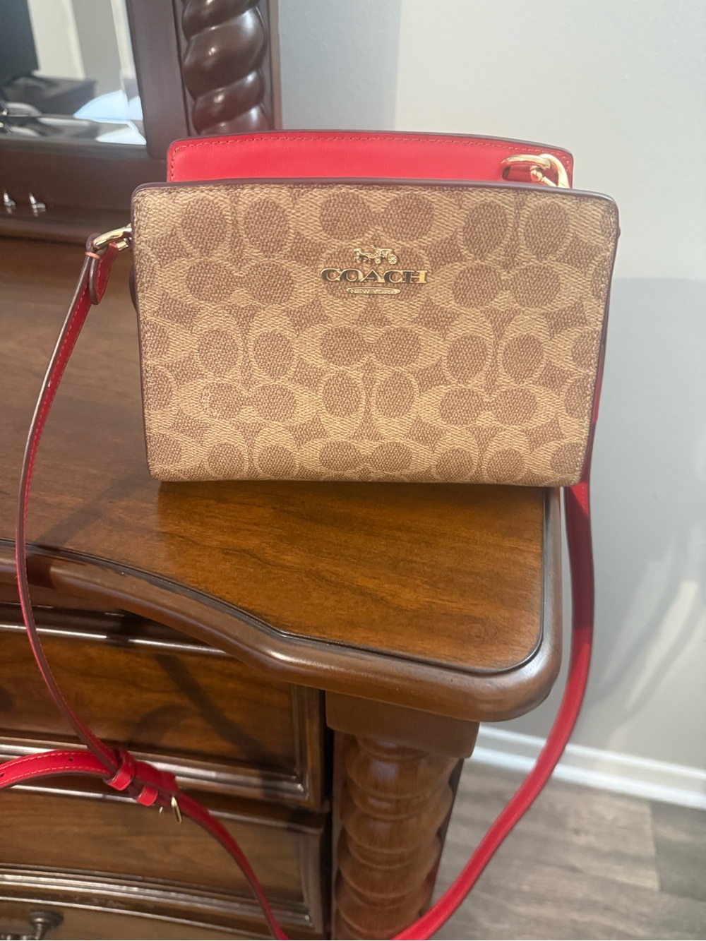 Coach Brown Signature Canvas Crossbody with Red Leather Trim
